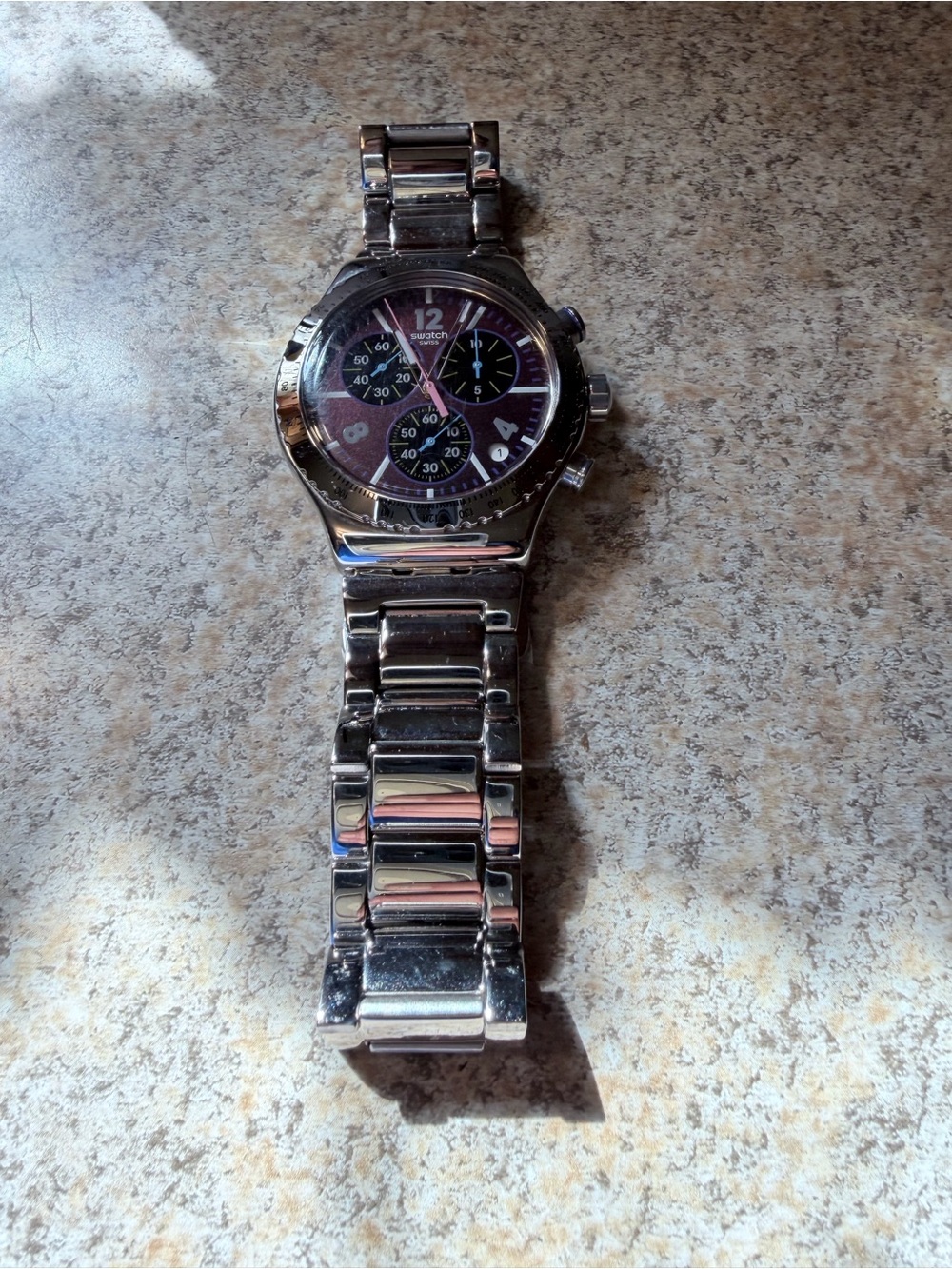 Swatch Men's Silver Chronograph Watch with Purple Dial